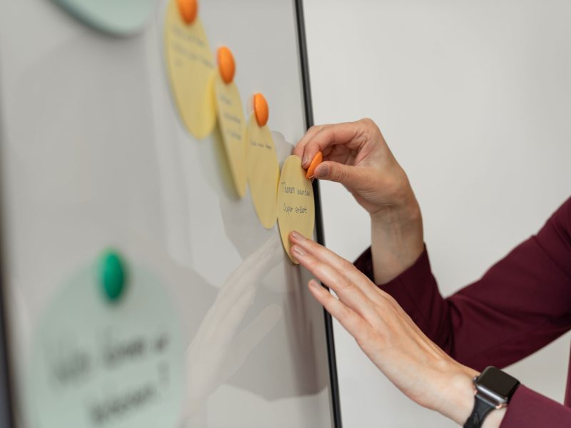 Hände auf Whiteboard mit Notizzettel